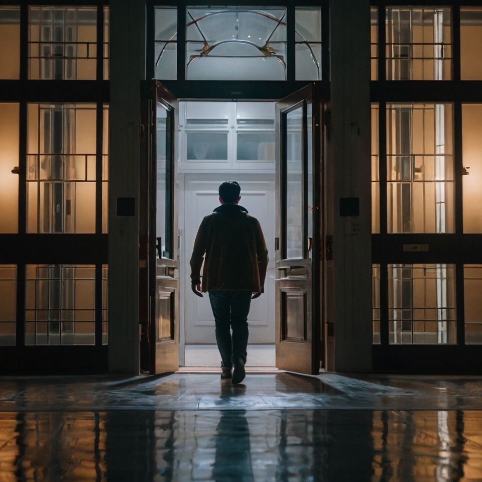 Man choosing a brightly lit door among many, symbolizing empowered decisions and personal growth.