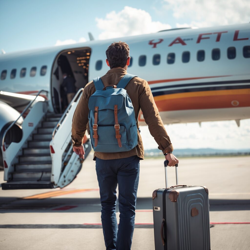 A man boarding a plane solo with a suitcase, ready for adventure – No need to check in with anyone.
