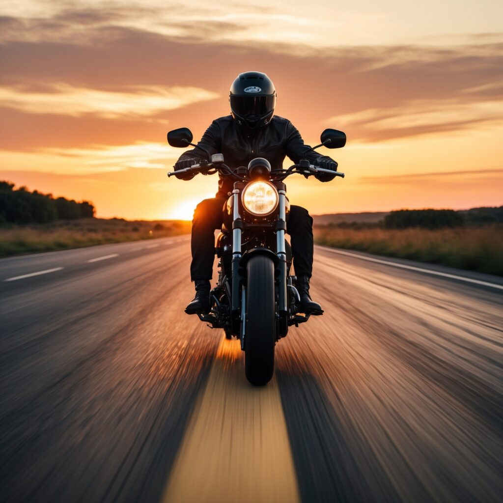 A motorcycle speeding down an open road at sunset – Total freedom