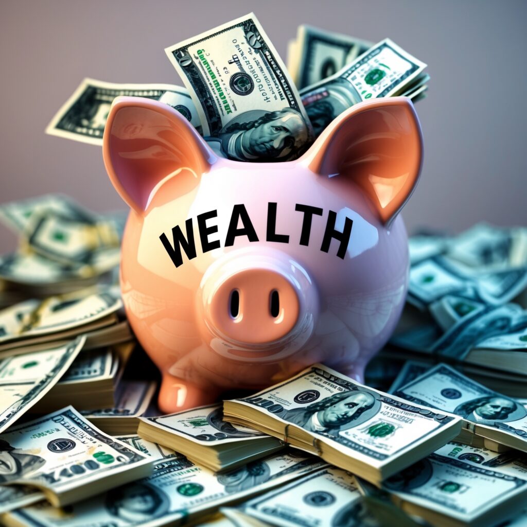 A piggy bank labeled “Wealth” overflowing with cash – Symbolizing financial growth.