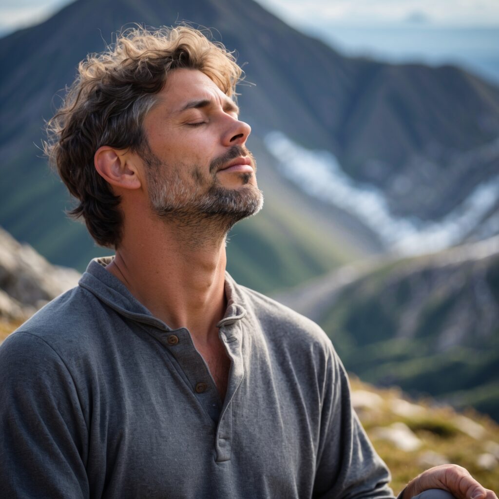 A man meditating on a mountain, eyes closed, looking at peace – Clarity and personal insight.