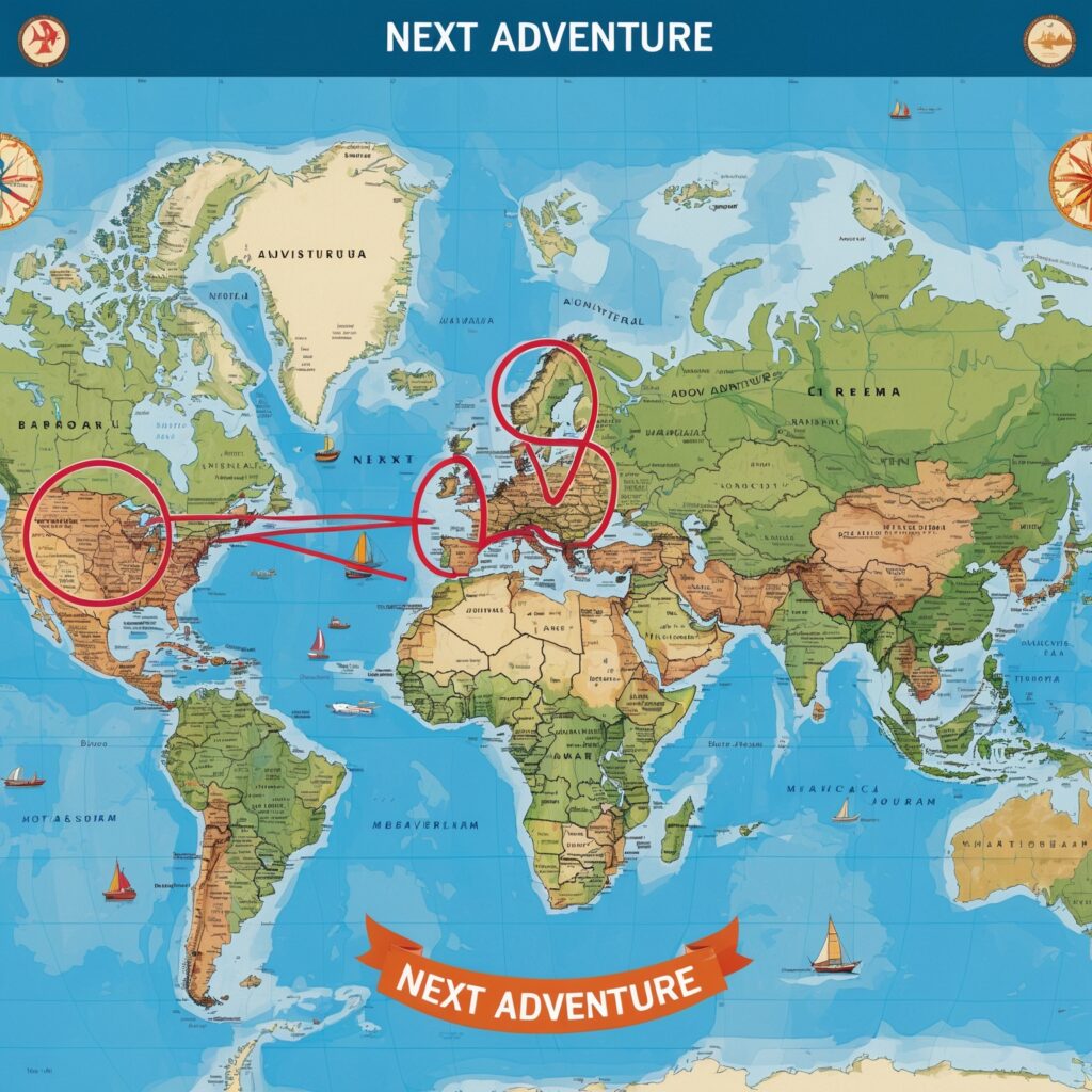 A travel map with different locations circled and labeled “Next Adventure” – No compromises in experiences