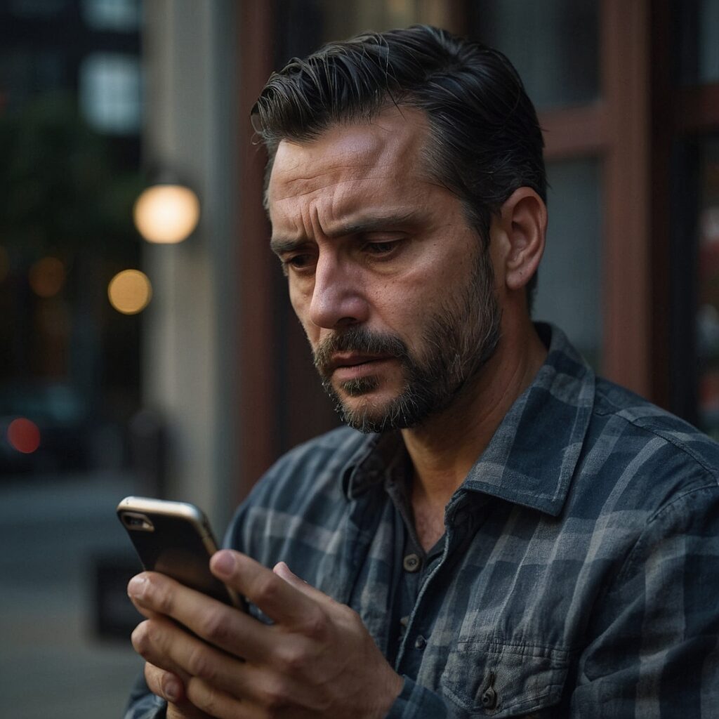 A man looking at an old text conversation with a sad expression – Symbolizing nostalgia pulling him back.
