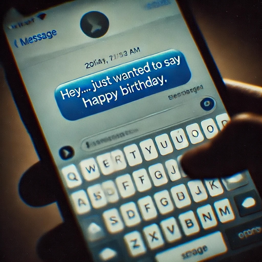 A text bubble on a phone screen that says, “Hey… just wanted to say happy birthday” with a finger hovering over “Send” – Capturing hesitation before making a mistake.