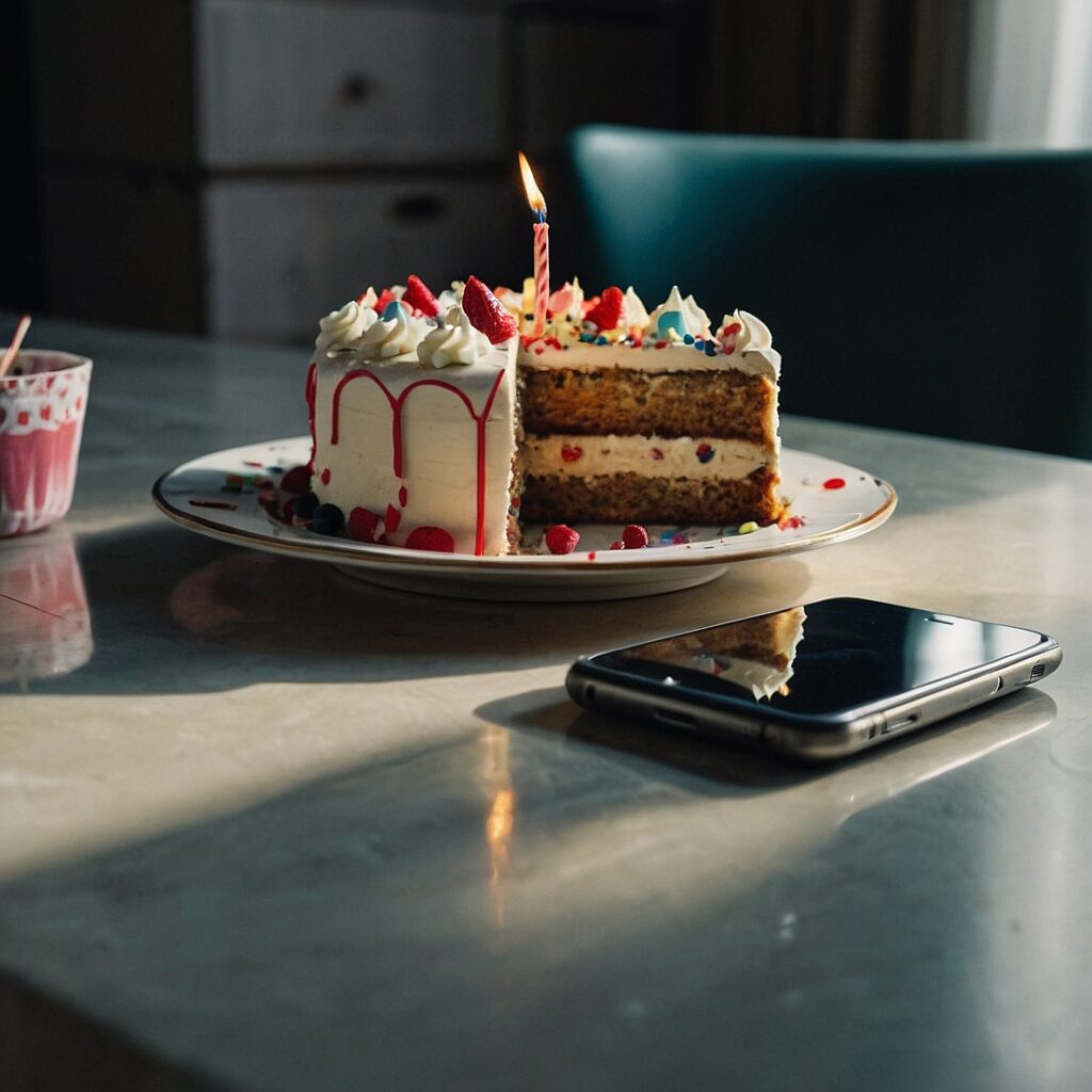 A table with an uneaten slice of birthday cake and a phone face down next to it – Symbolizing a moment of self-control.