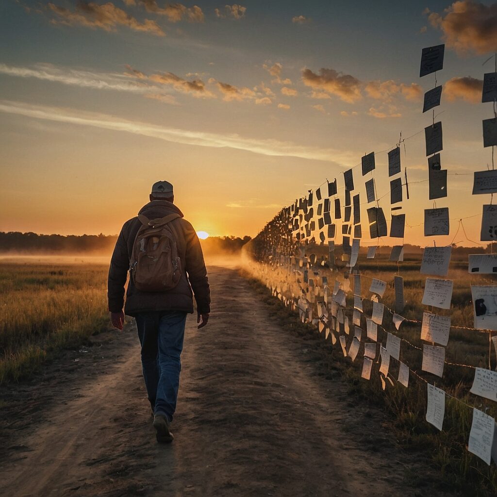 A man walking into the sunrise, leaving behind old messages and memories – Final symbol of transformation.