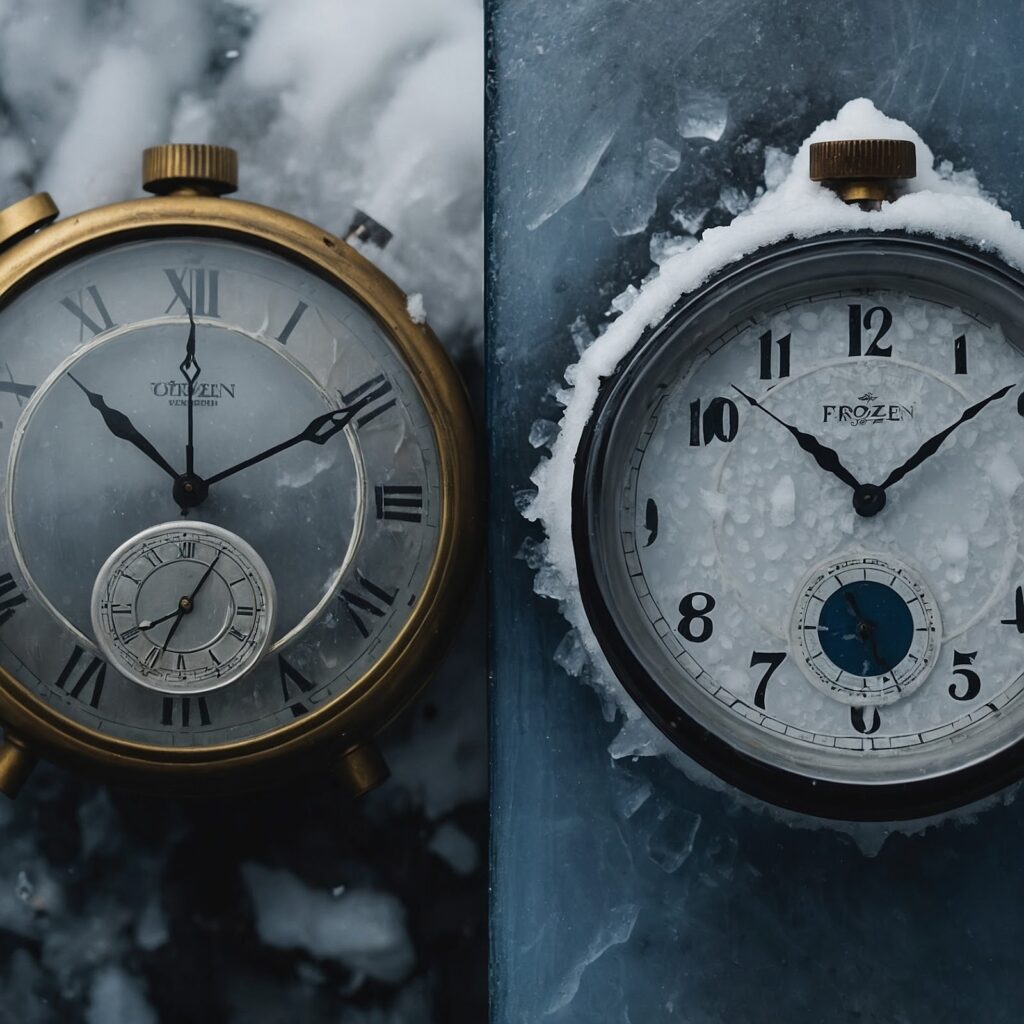 A clock with one side ticking and the other frozen – He's stuck in time, she’s not.