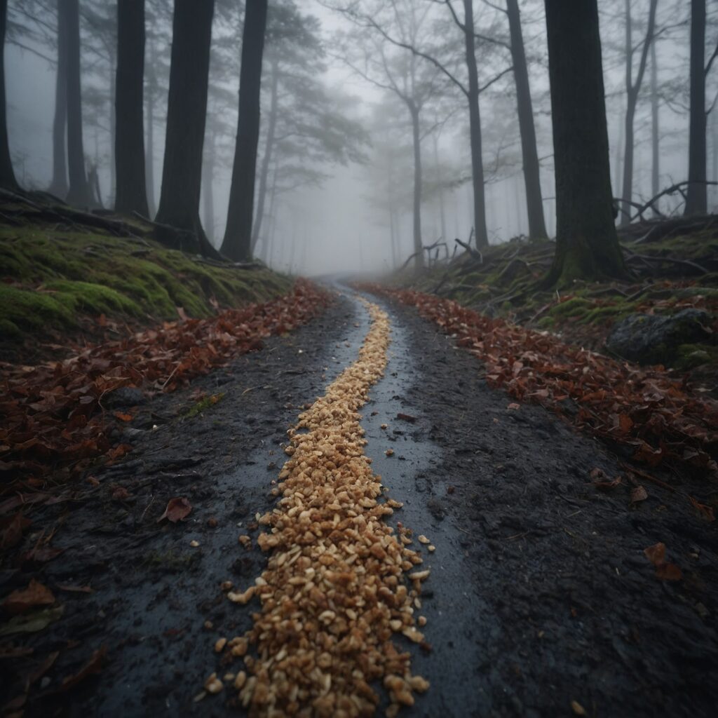 A trail of breadcrumbs leading into a foggy void – Symbolizing false direction.