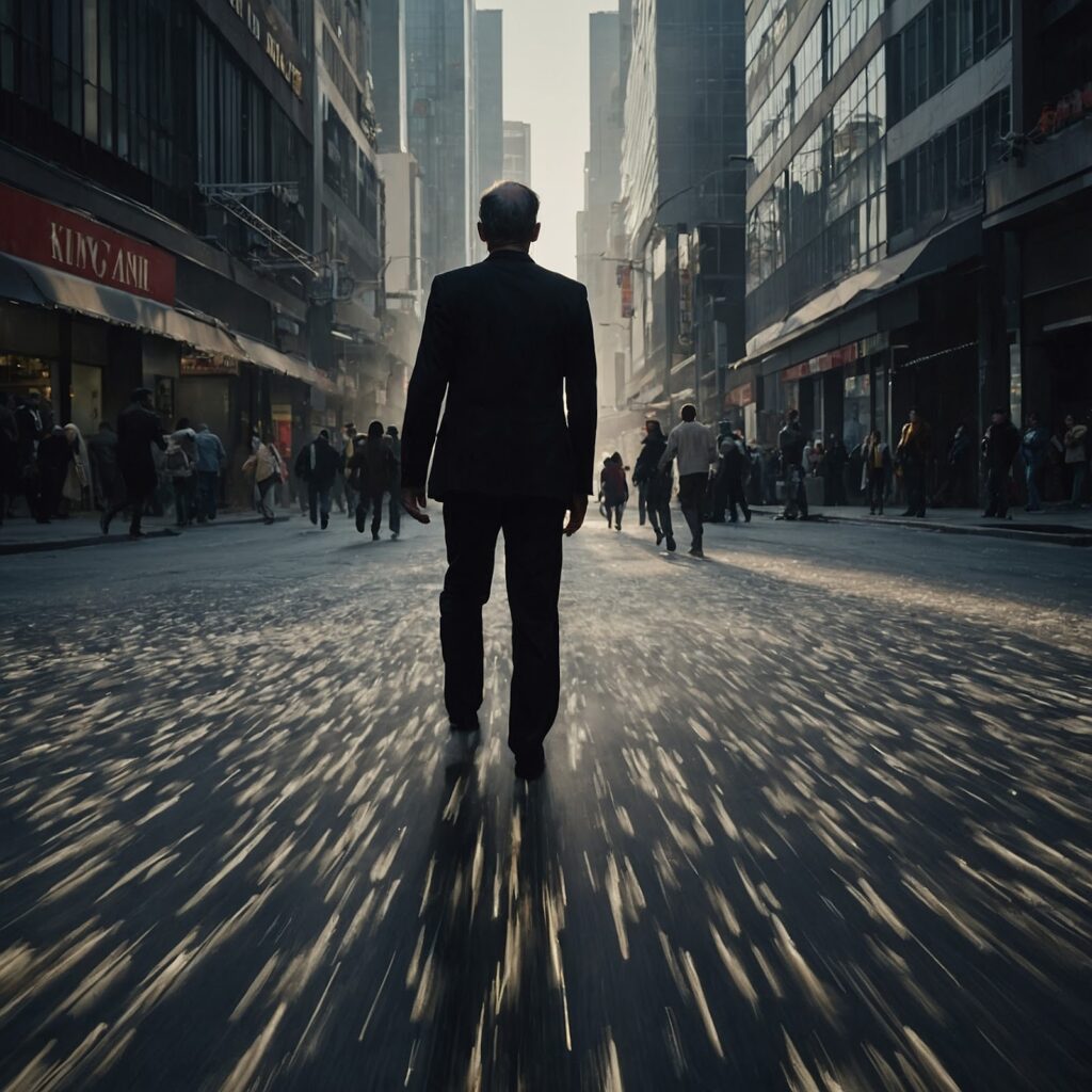 A man standing still as the world around him blurs and rushes forward – He’s stuck, life isn’t.