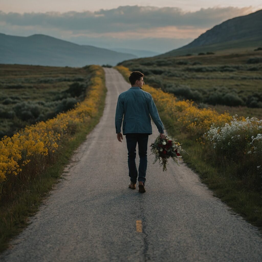 the man stands still holding flowers – Perfect metaphor for empty waiting.