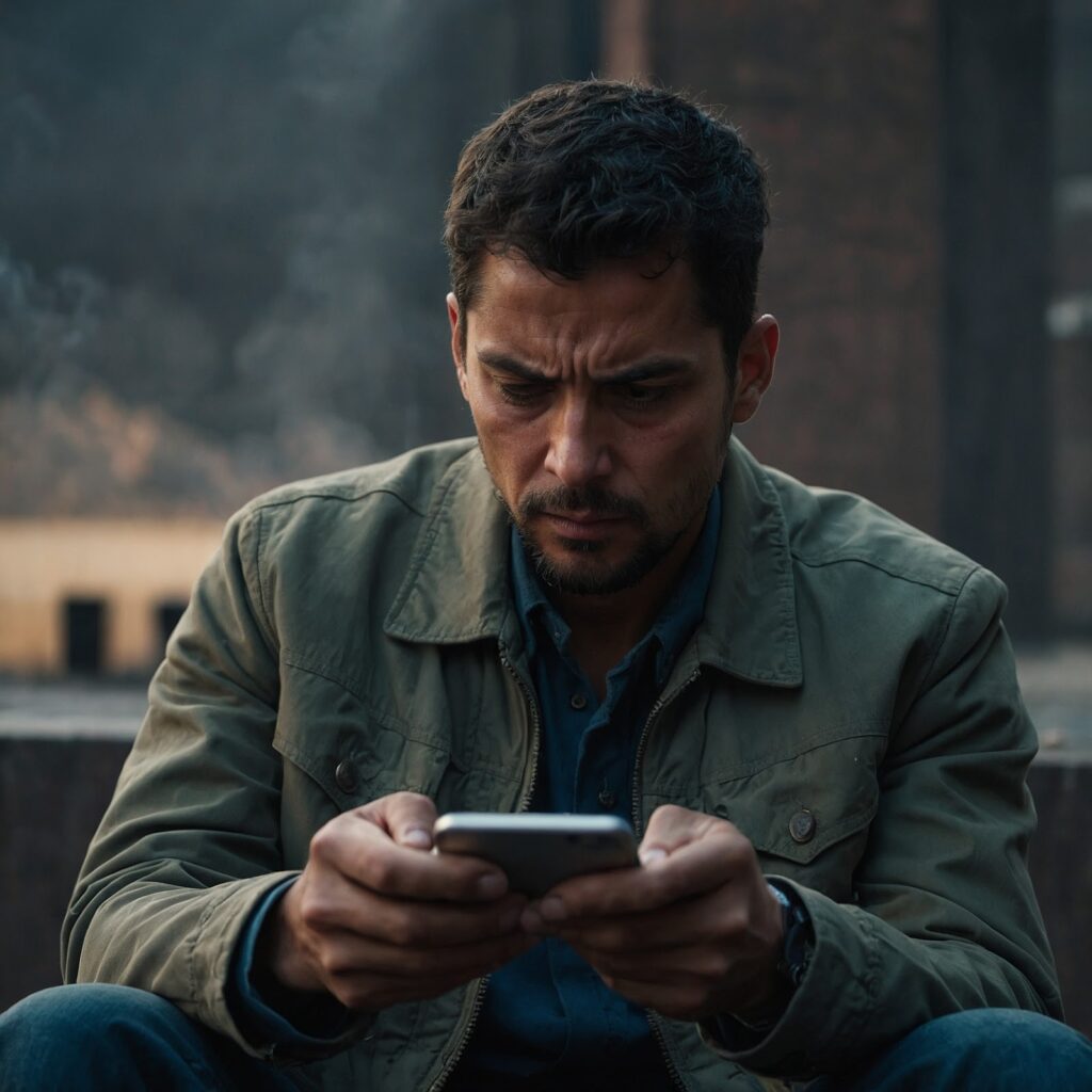 A man deleting messages on his phone with a determined look – Action over emotion.