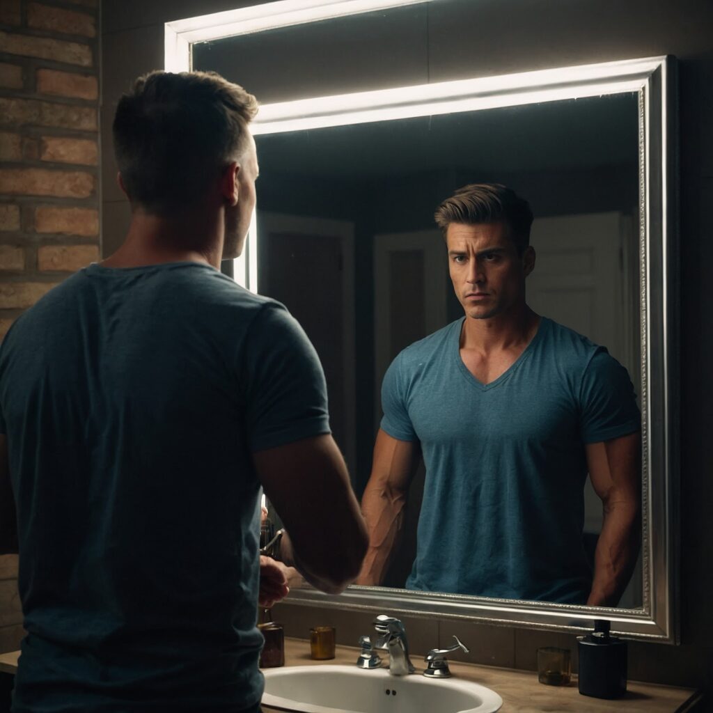 A man standing in front of a mirror, seeing a stronger, upgraded version of himself – He’s already evolving past her.