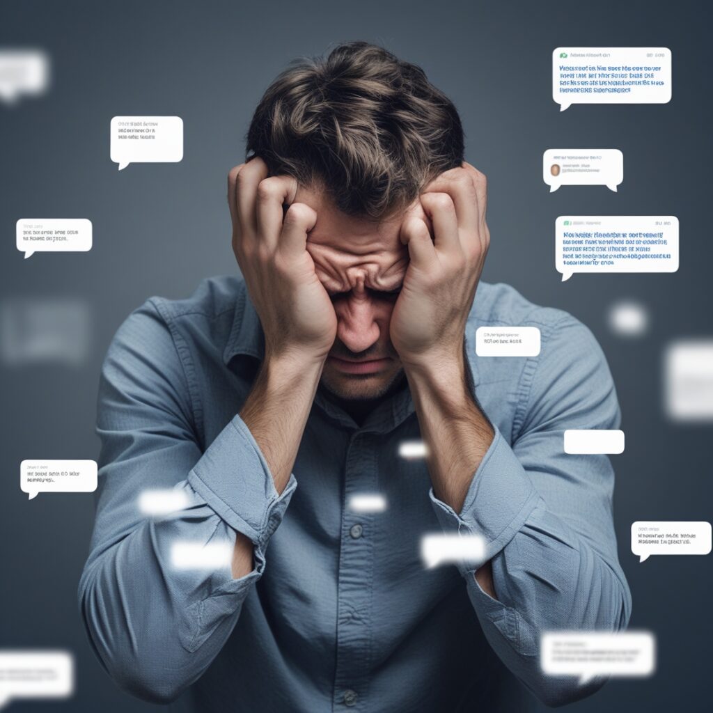 A man gripping his head in frustration, surrounded by floating notifications and ghosted messages
