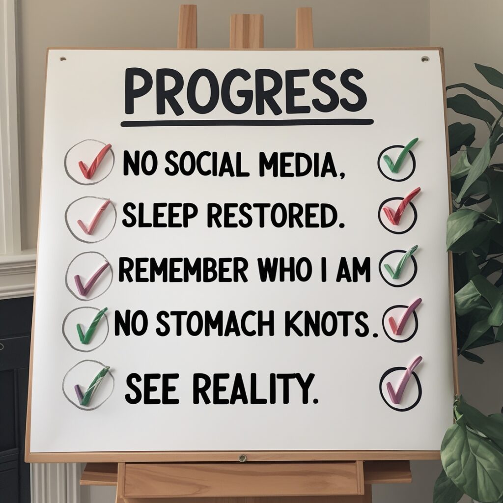A progress board checklist: “No social media,” “Sleep restored,” “Remember who I am,” “No stomach knots,” “See reality” all checked.