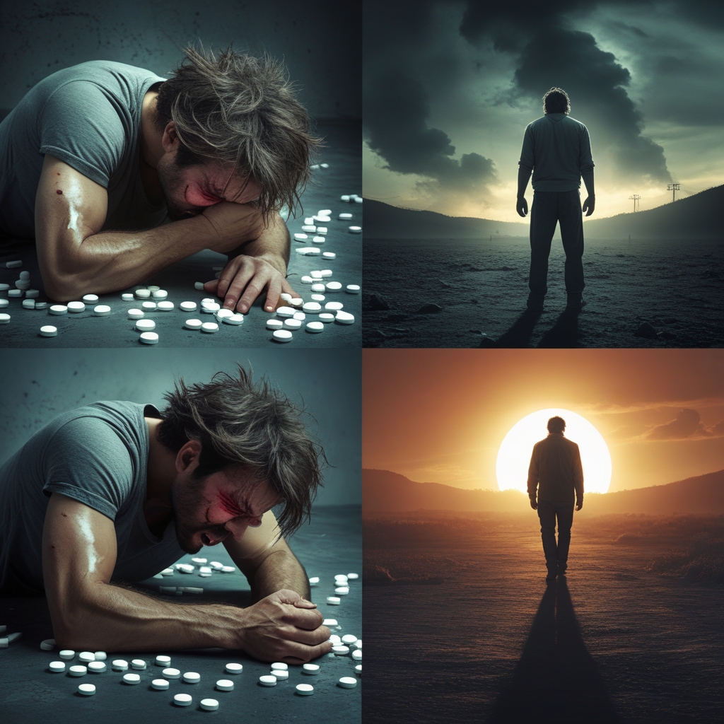 A 4-panel graphic: Man curled up in pain (Withdrawal) Man yelling into the void (Rage) Man sitting in darkness (Crash) Man walking toward sunrise (Wake-Up)