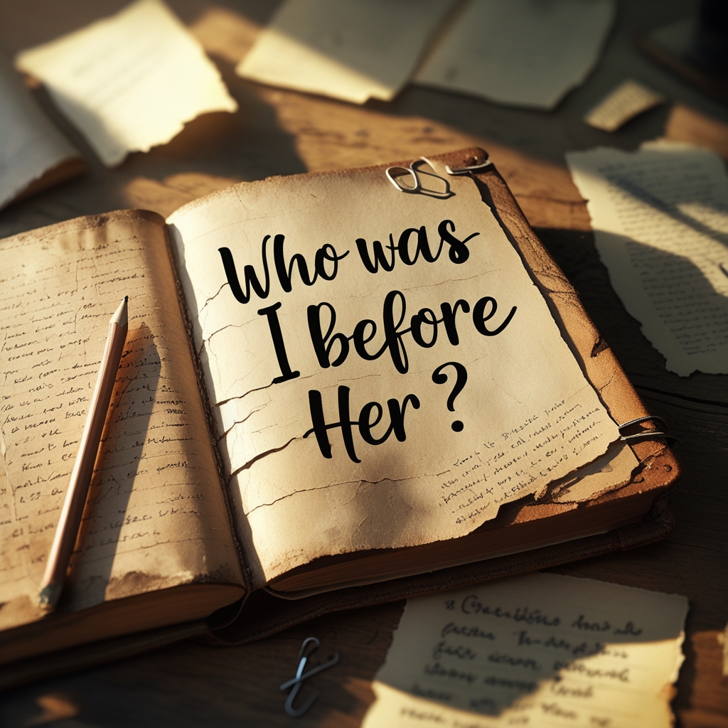 A journal open to “Who was I before her?”