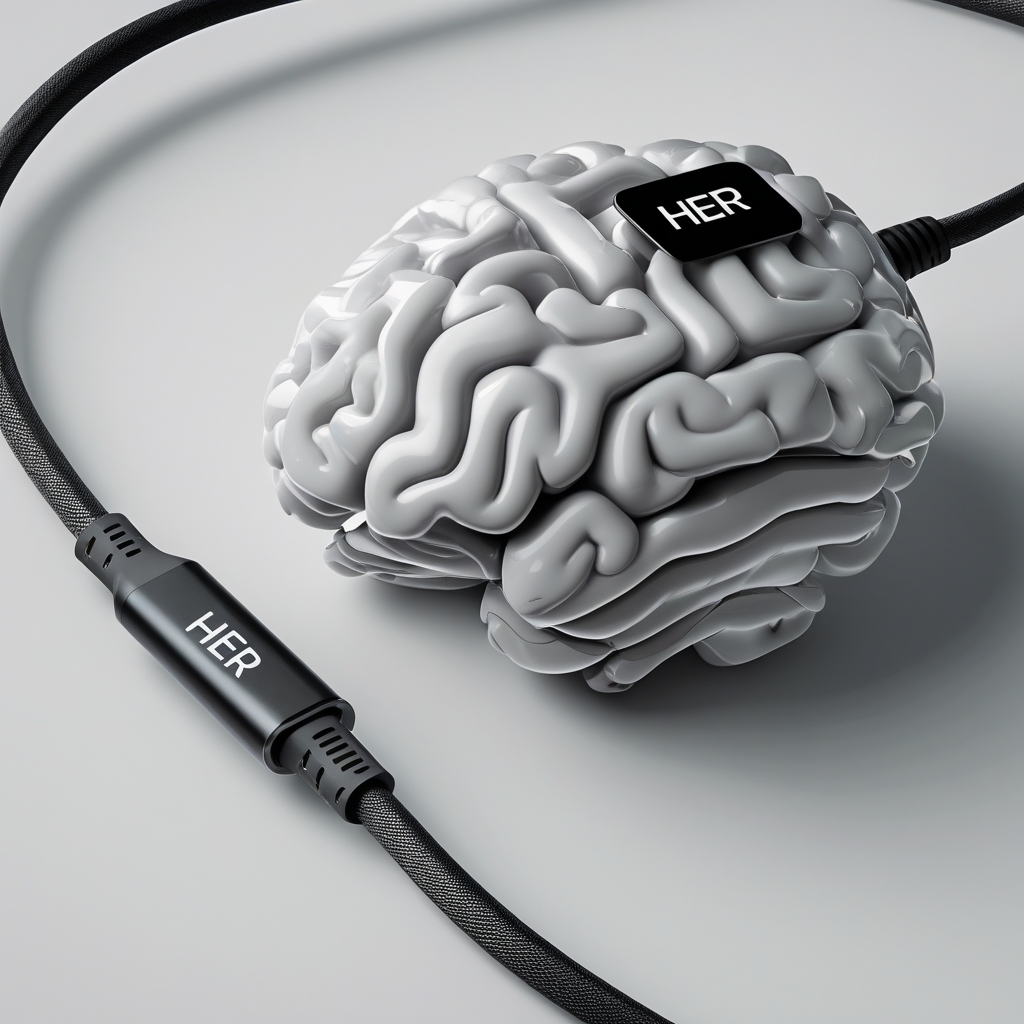 A brain connected to a charging cable labeled “Her” being unplugged.