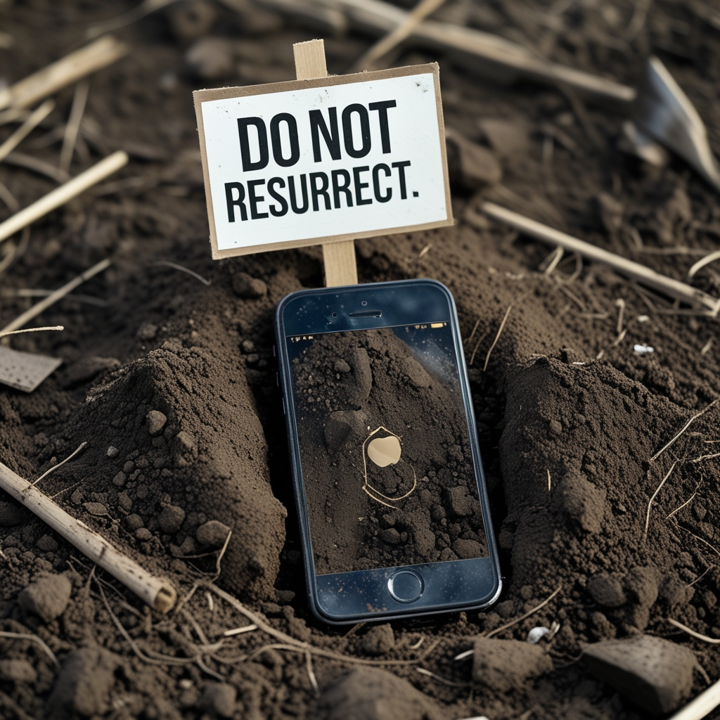 A phone buried under dirt with a sign: “Do Not Resurrect.”