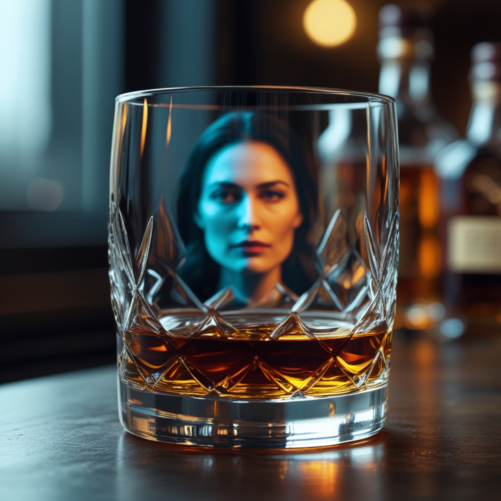 A close-up of a whiskey glass with a reflection of her face inside, fading