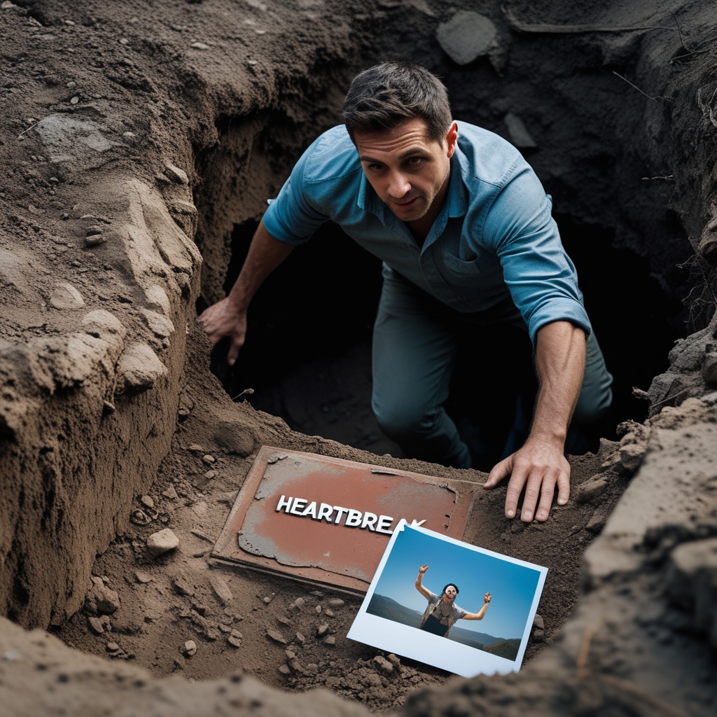 A man climbing out of a pit labeled “Heartbreak,” leaving a photo behind