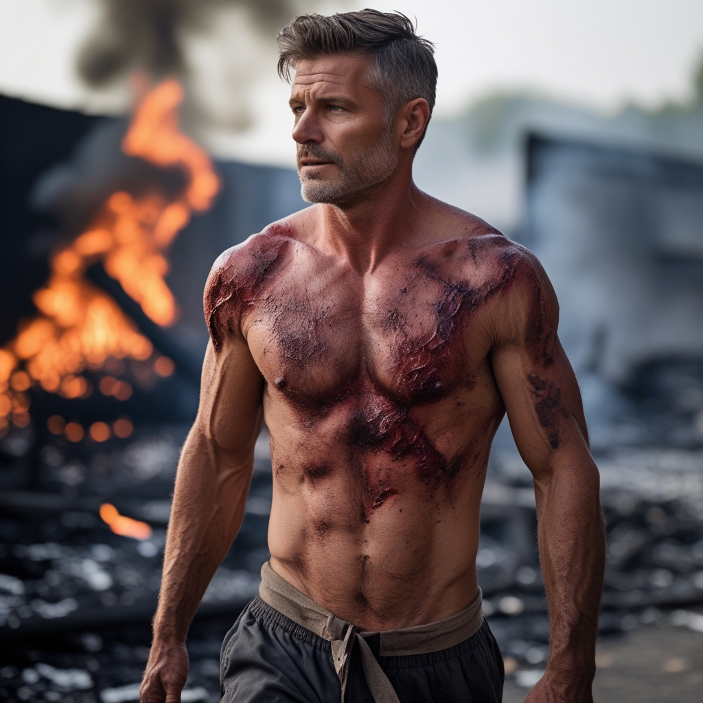 A man walking out of a fire, scarred but stronger