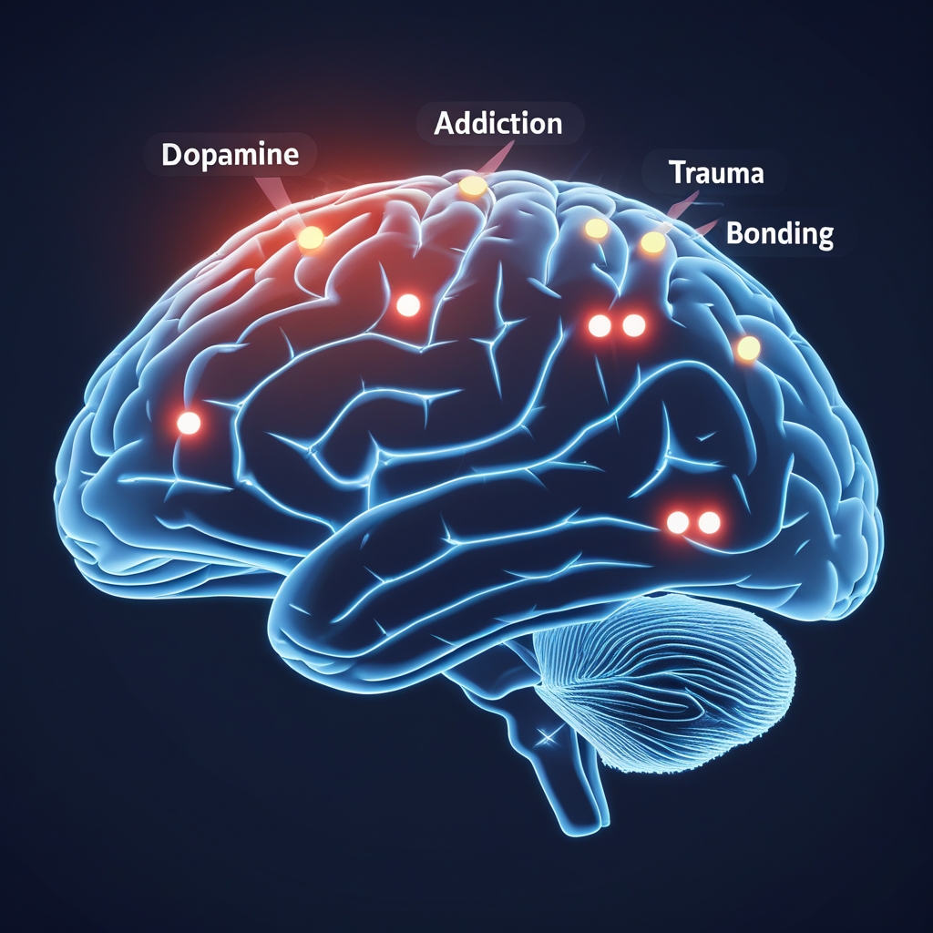 A brain diagram with dopamine, addiction, and trauma bonding symbols lit up