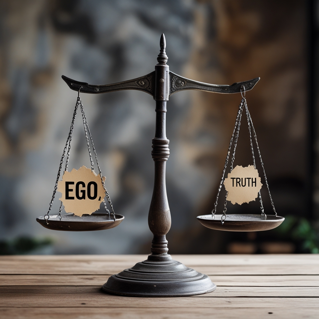 A balance scale: one side says “Ego,” the other “Truth”—tipping toward ego