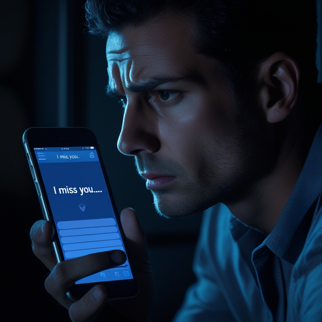 A phone screen lit up in the dark with a vague message: “I miss you…” and a man’s anxious face reflected
