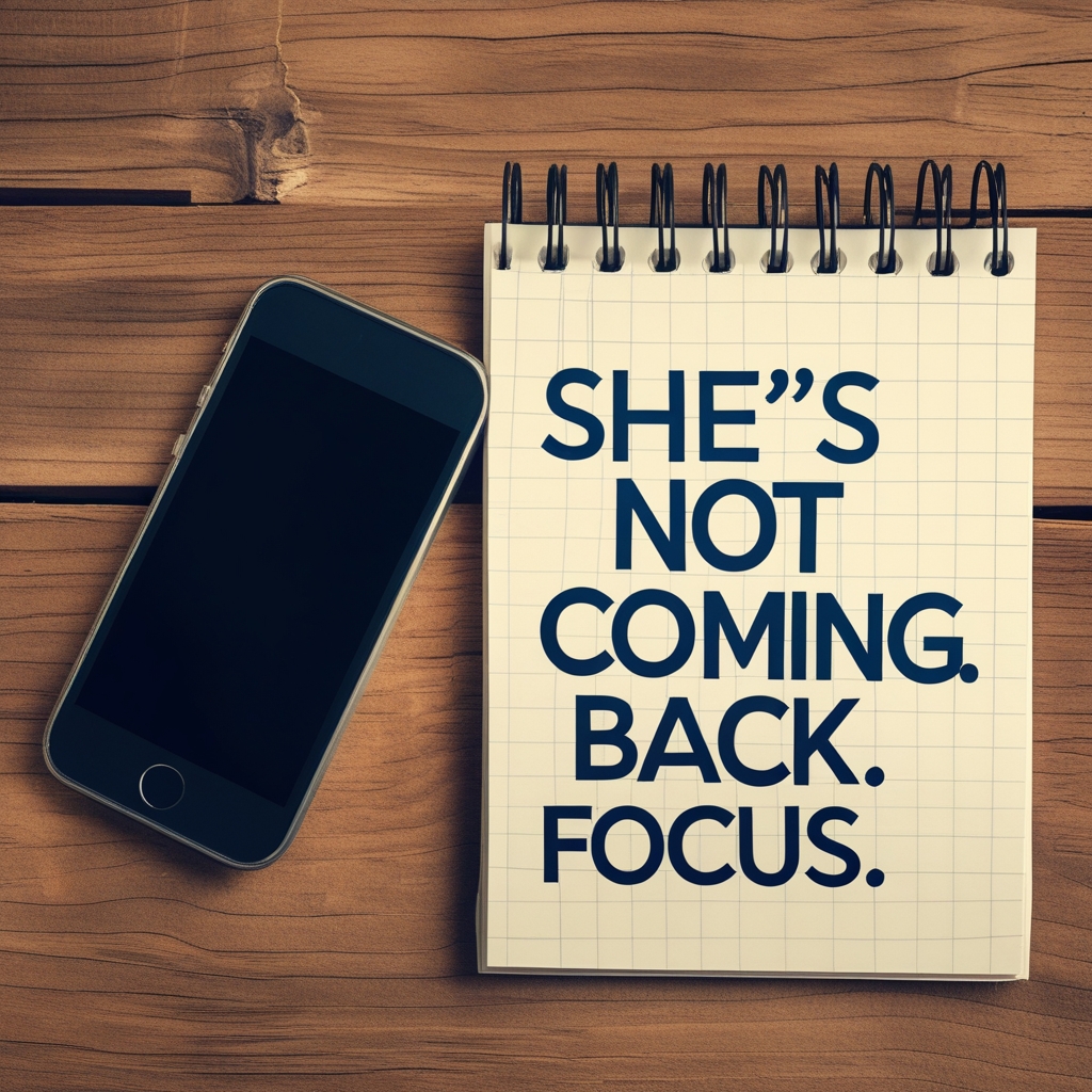 A phone turned off next to a notepad that says “She’s not coming back. Focus.”