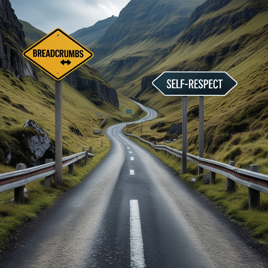 A fork in the road: one sign says “Breadcrumbs,” the other “Self-Respect”