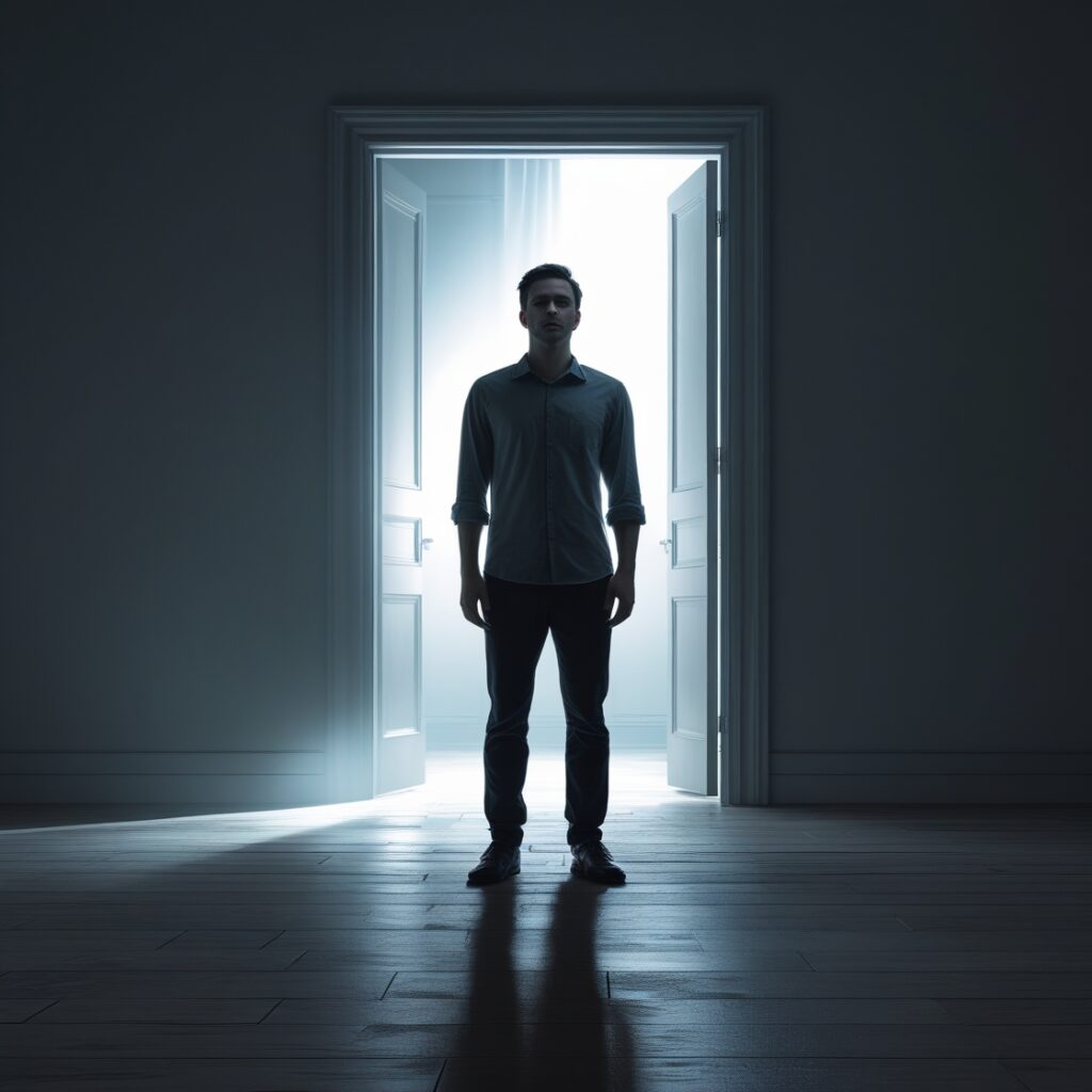 A man standing alone in a dark room while light spills in through a door behind him he never saw closing