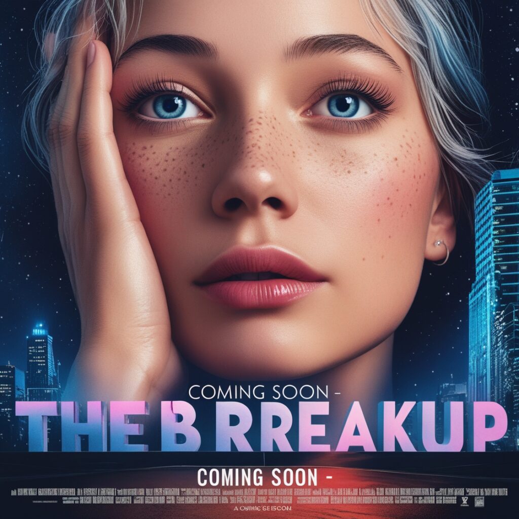 A movie theater poster: “Coming Soon – The Breakup” while the man holds popcorn and smiles