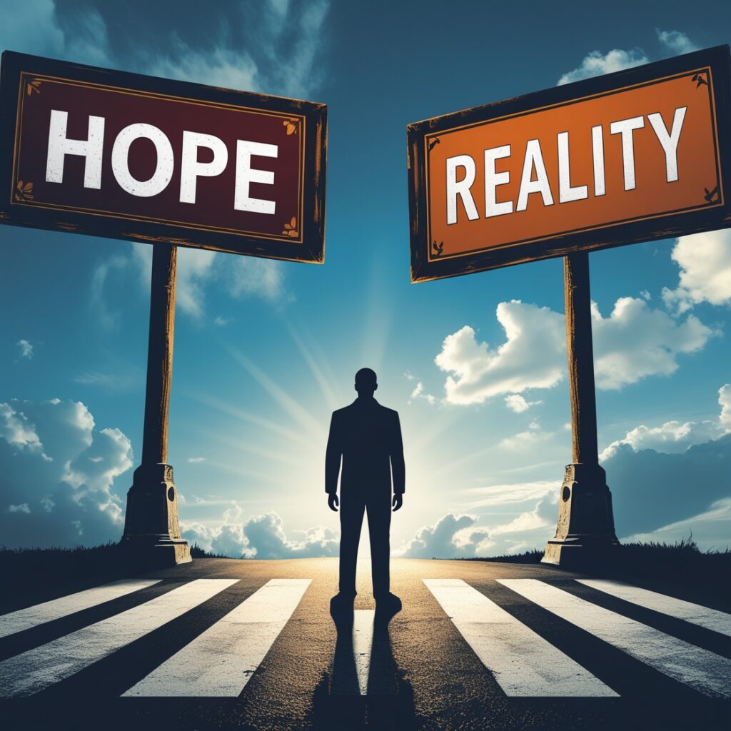 A silhouette of a man standing at a crossroads: one sign says “Hope,” the other “Reality”