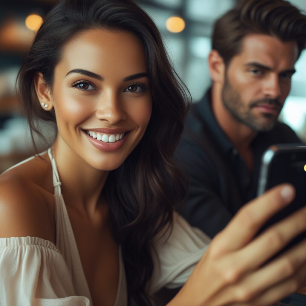 A woman smiling on social media while the man looking at the post is sitting in the dark