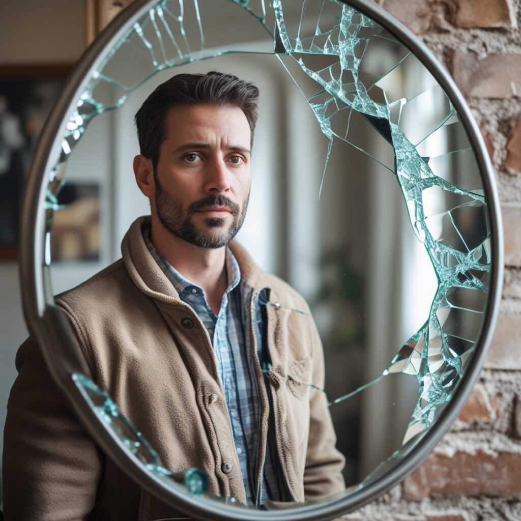 A man standing in front of a cracked mirror—his reflection isn’t him, but a version of himself trying to hold a broken heart.