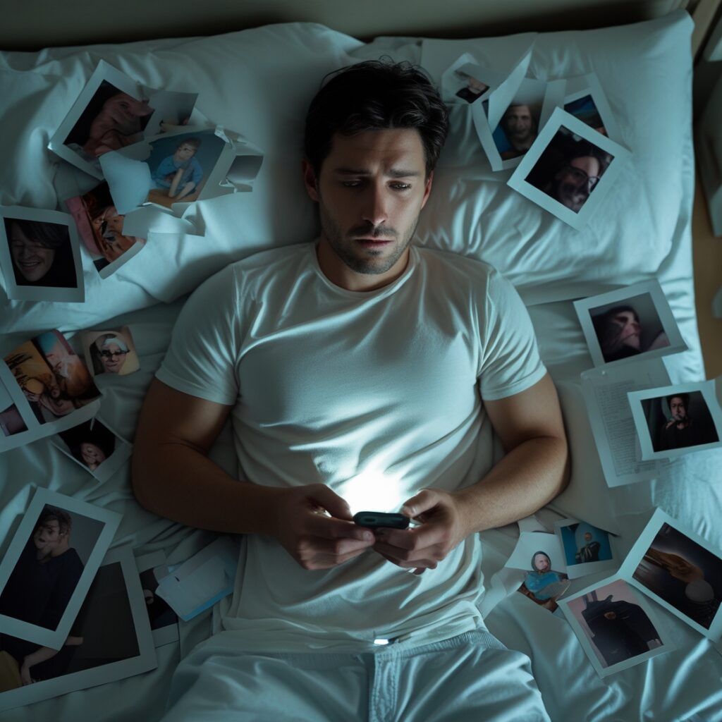 A man alone on a bed, surrounded by photos and texts scattered like wreckage, with a faint glow coming from his phone screen.