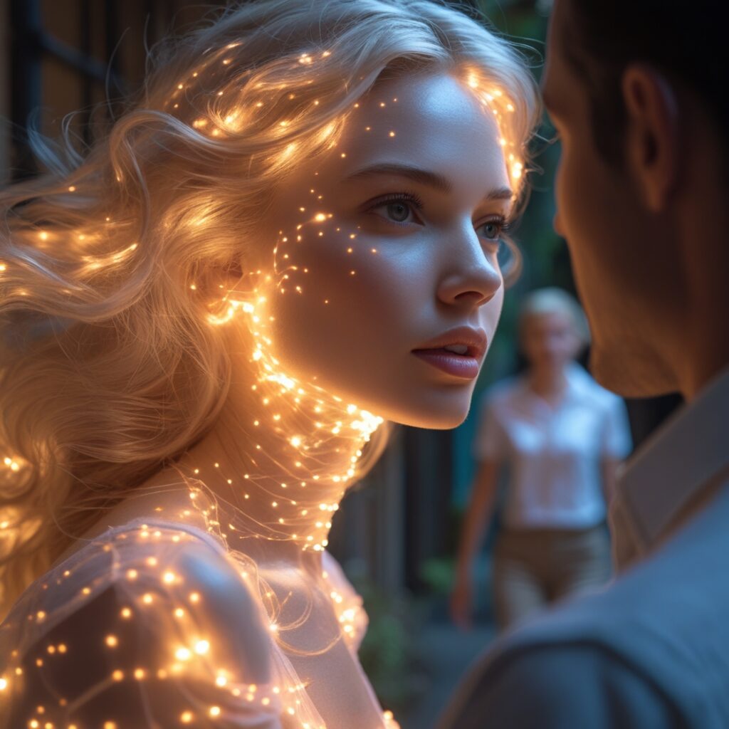 A dreamlike image of a woman glowing in the man’s imagination, while in reality she’s blurry and walking away.