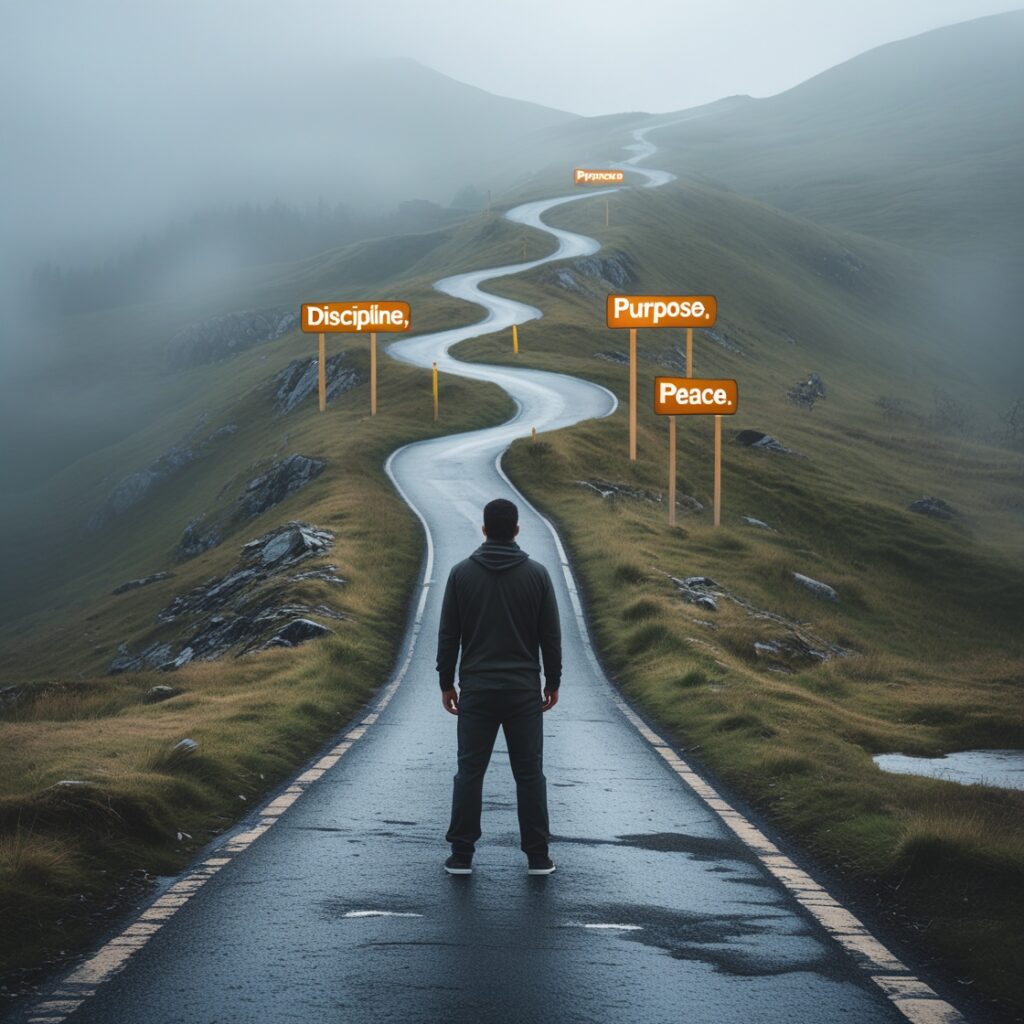 A man standing at a forked road: one path is foggy and loops back toward the past, the other is uphill with visible milestones labeled “Discipline,” “Purpose,” and “Peace.”