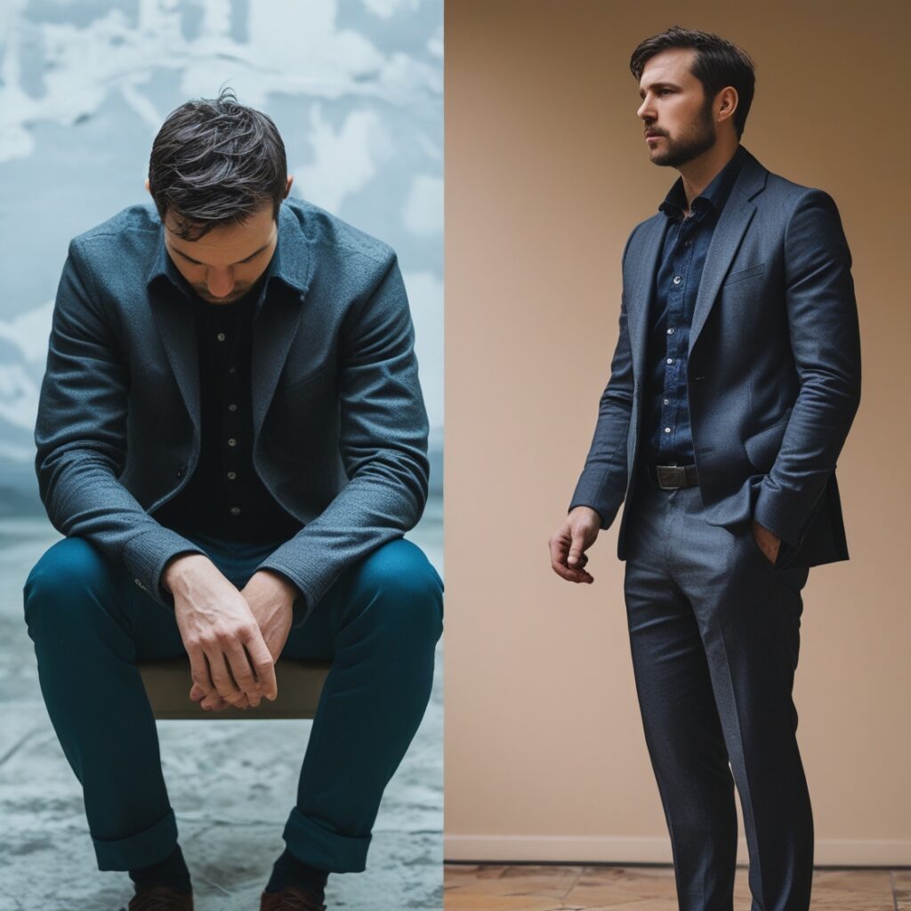 A man sitting alone with his head in his hands, then a split image of him standing up determined – Showing the shift from self-pity to action
