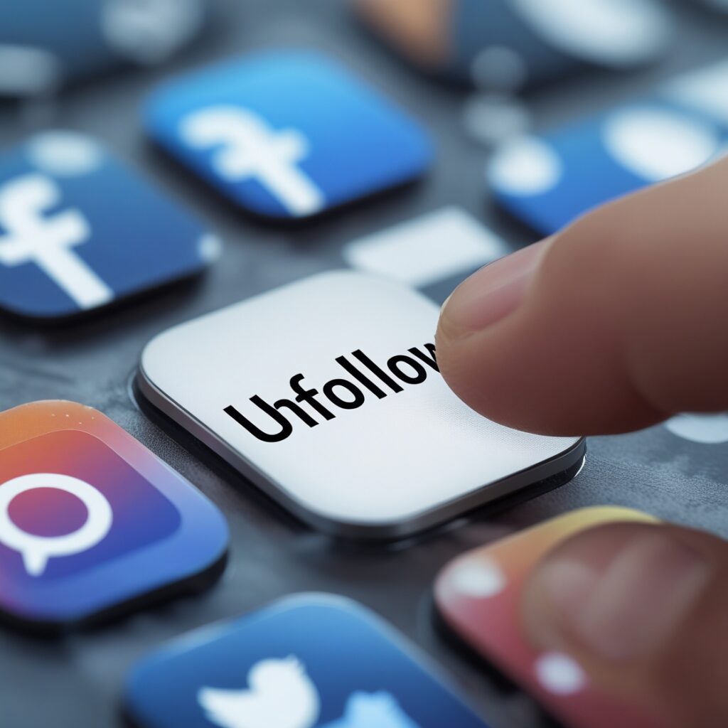 A social media “Unfollow” button being clicked, showing cutting digital ties.