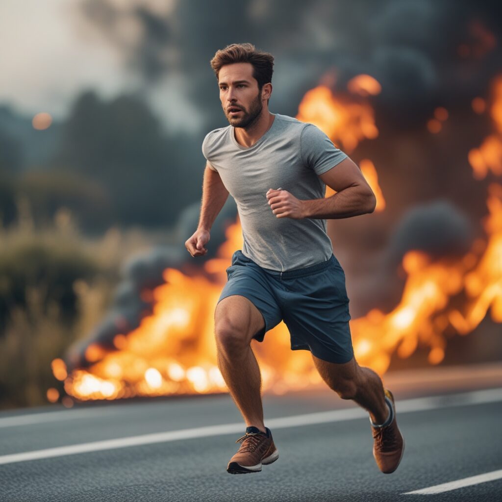 A man sprinting on a road with fire behind him, representing harnessing emotional energy for growth.