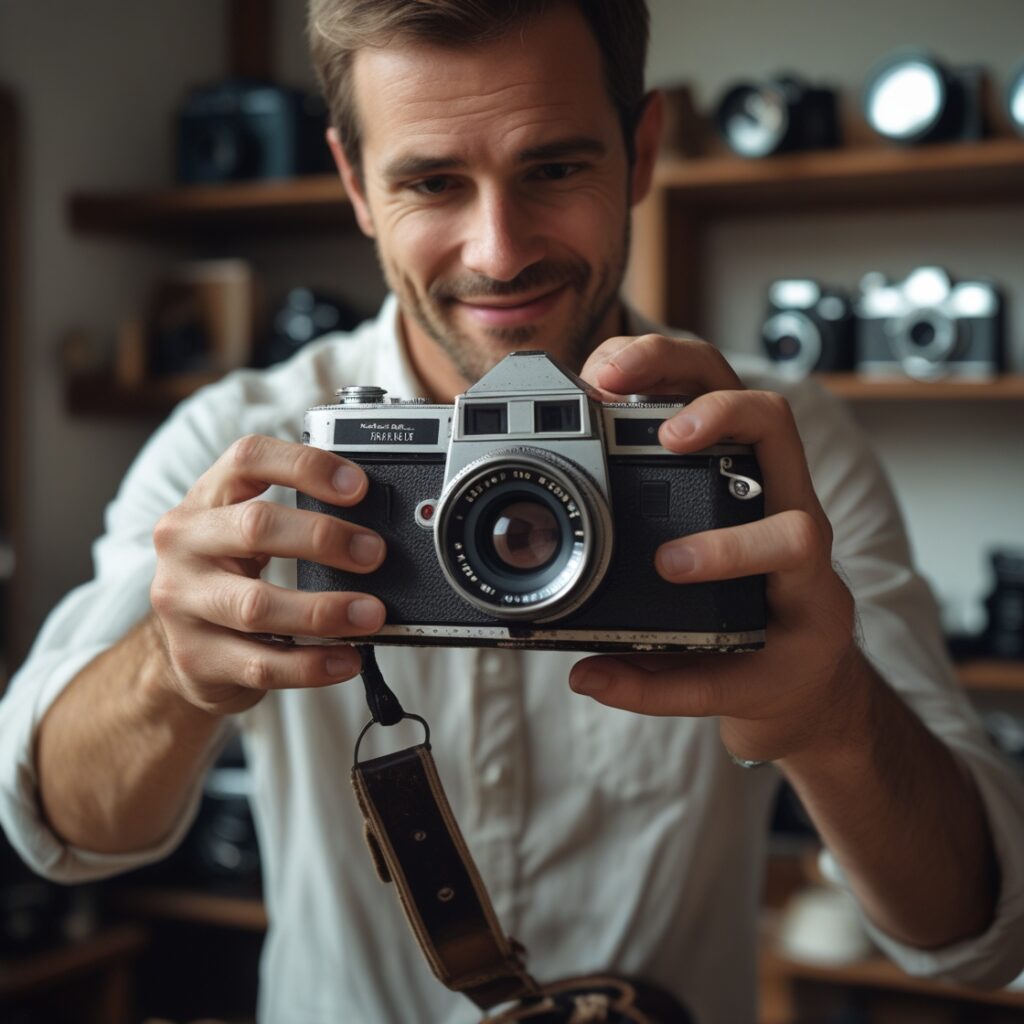 A man grabbing an old dusty camera, symbolizing rediscovering lost passions