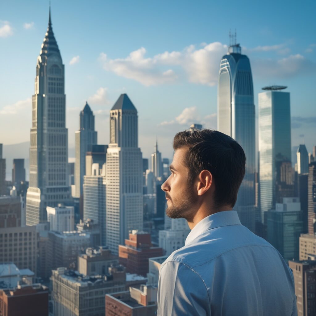 A city skyline with a man looking ahead, representing new beginnings and ambition