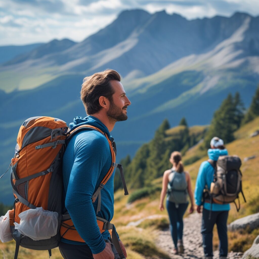 A man hiking with a group, taking in a scenic view, symbolizing adventure and finding new people.
