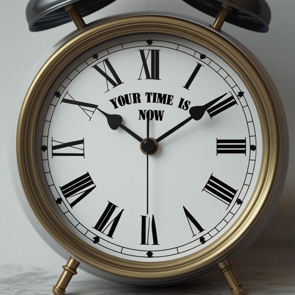 A clock ticking with “Your Time Is Now” displayed, emphasizing urgency to take action.