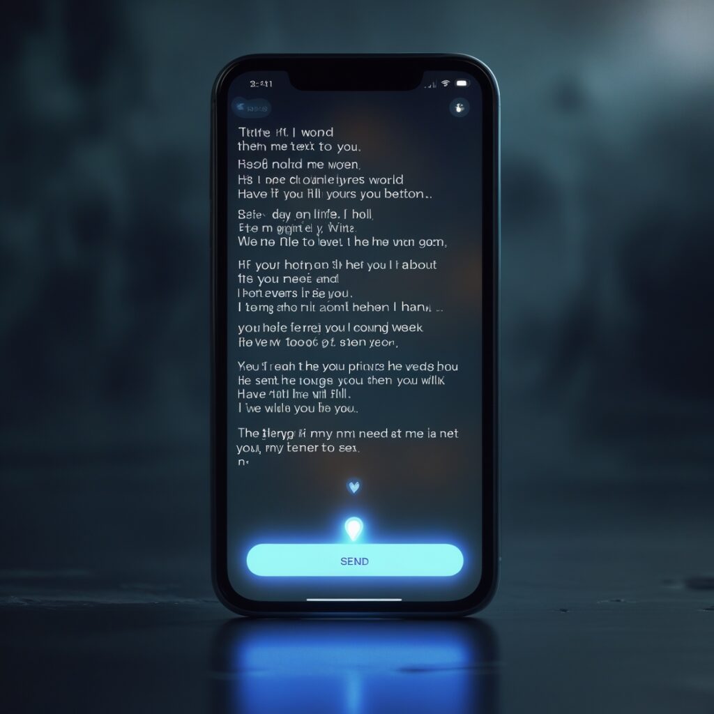 A dimly lit phone screen showing a long, emotional text with a send button, emphasizing the impulsive and regretful nature of drunk texting.