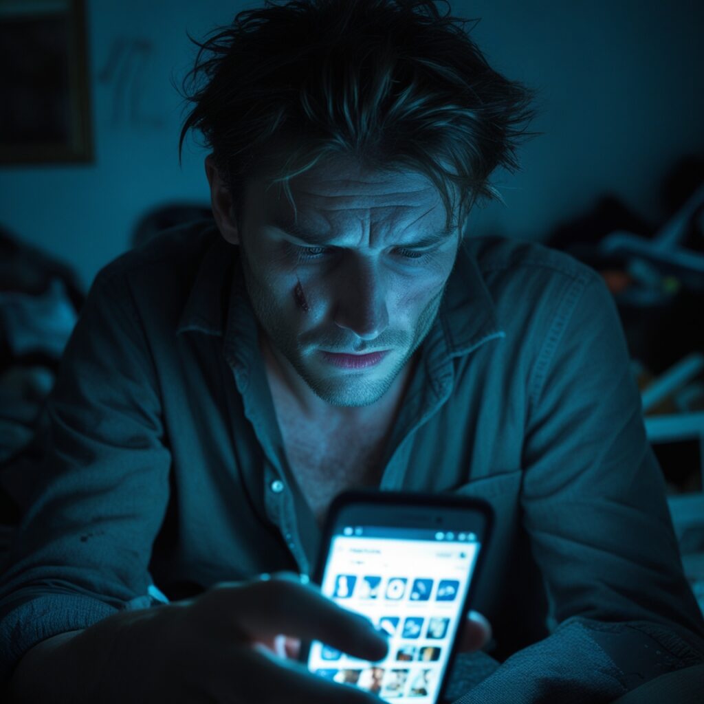 A person in the dark, illuminated by the glow of a phone screen, scrolling with a tired, hollow expression