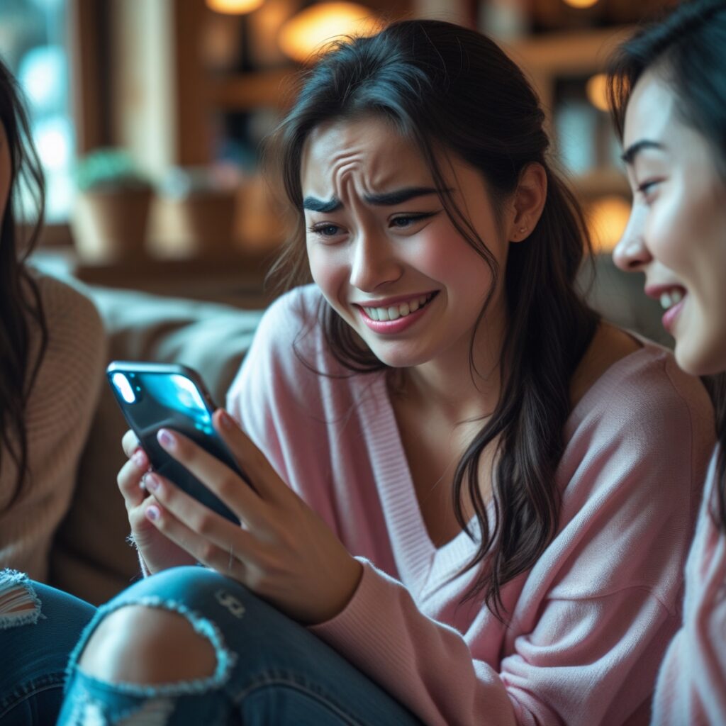 A woman laughing while showing her phone to a friend, subtly emphasizing the embarrassment of being the subject of gossip