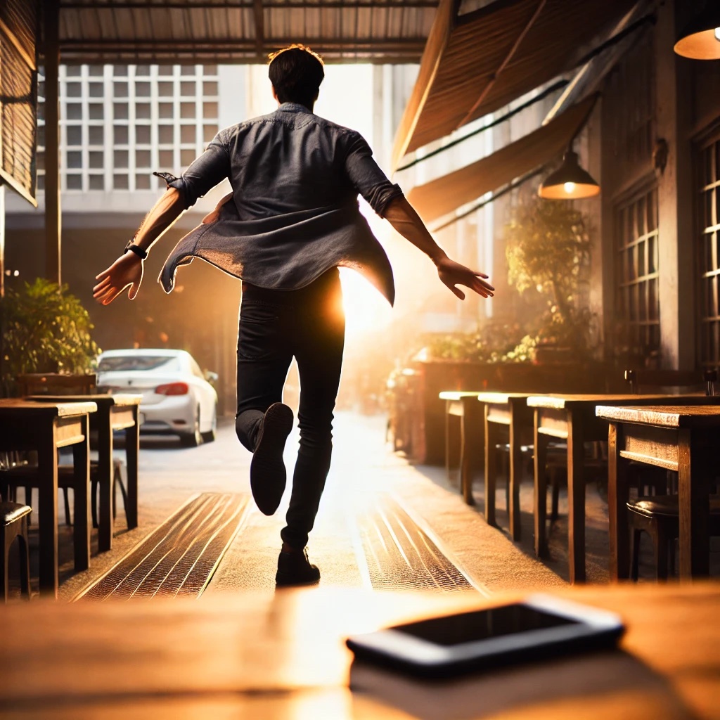 A man confidently walking away from his phone, symbolizing detachment and moving forward