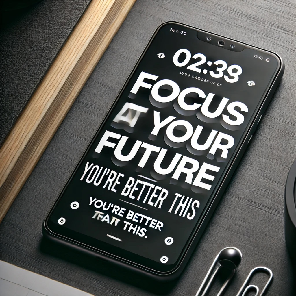 A phone locked with a motivational wallpaper like “Focus on Your Future” or “You’re Better Than This.
